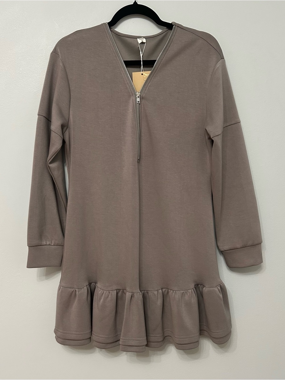 Oyrosy V-Neck Zipper Long Sleeve Dress